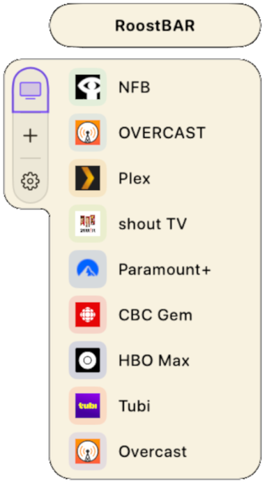 The RoostBAR menu-bar panel listing services with an add and settings button