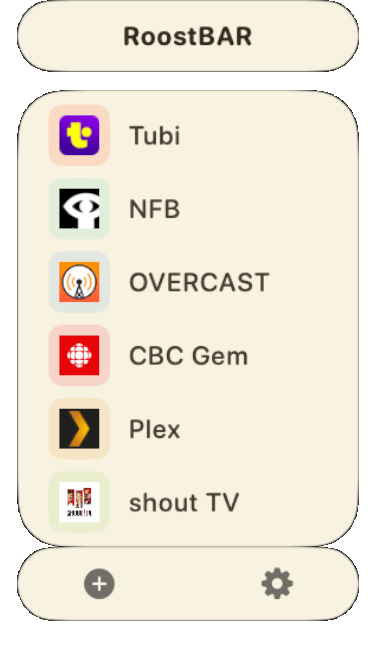 The RoostBAR panel listing Tubi, NFB, Overcast, CBC Gem, Plex and shout TV