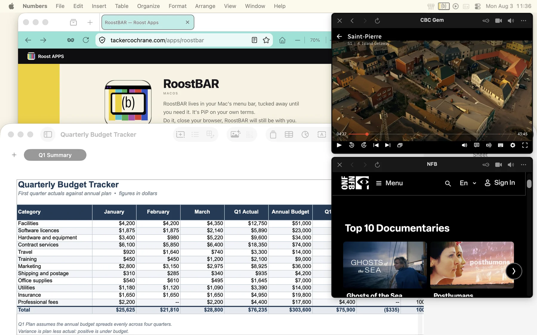 Two RoostBAR player windows floating over a spreadsheet and a browser