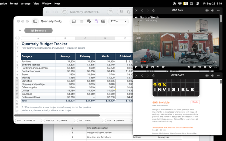 Two RoostBAR windows open over a spreadsheet and a document
