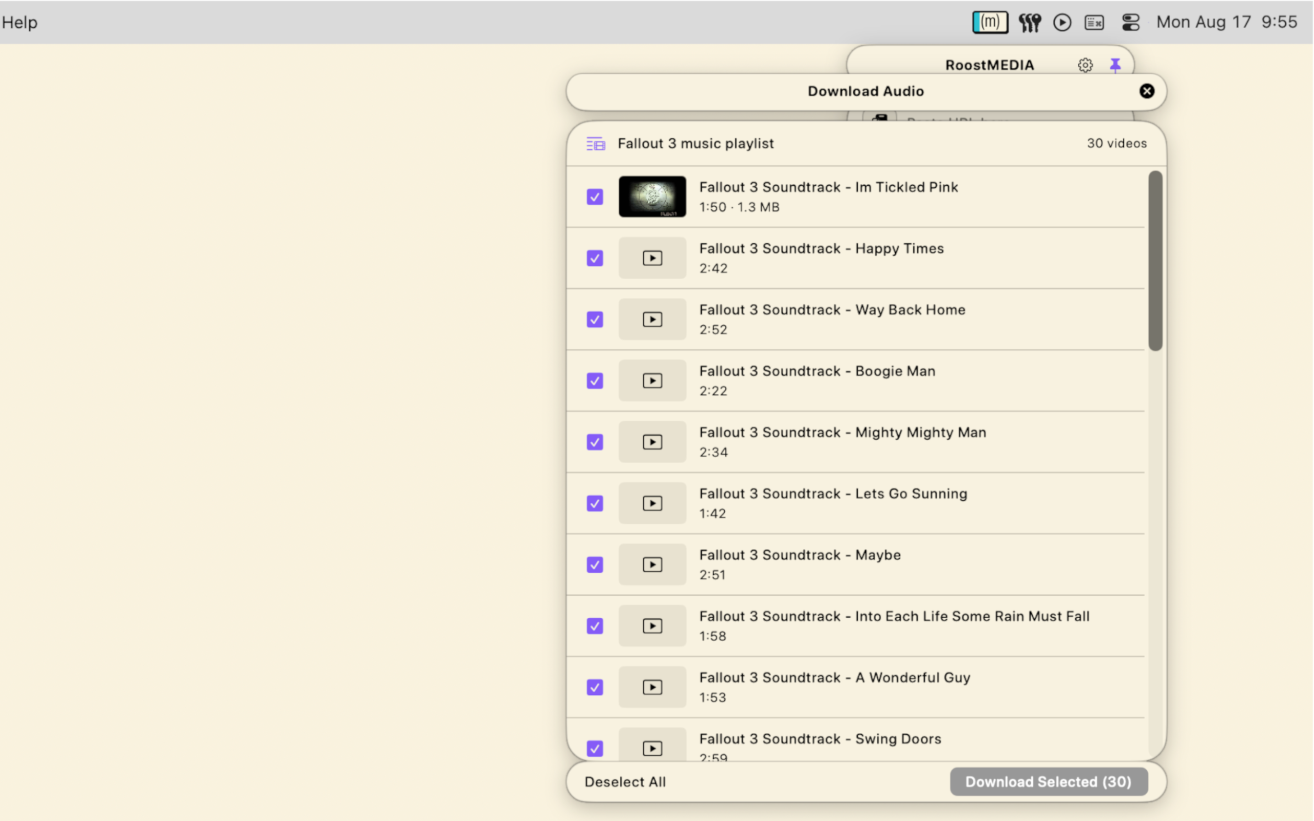 The RoostMEDIA playlist picker listing tracks to download