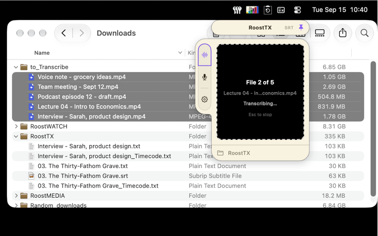 A batch of files transcribing in progress in the RoostTX panel
