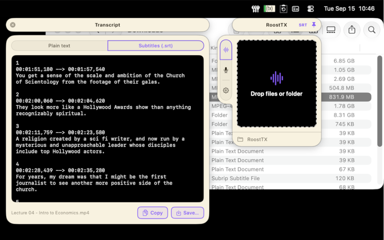 A completed SRT subtitle file shown in RoostTX's Show Work window