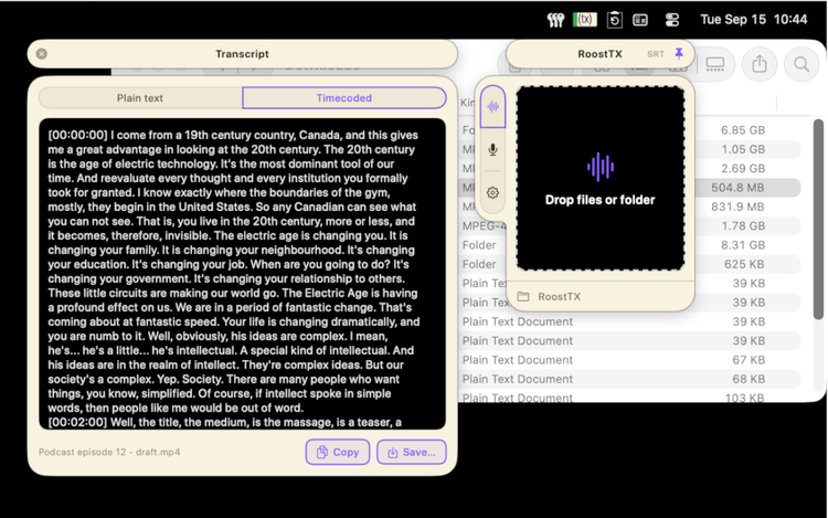 A finished timecoded transcript shown in RoostTX's Show Work window